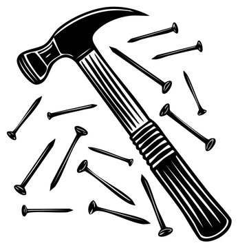 Silhouette illustration of a hammer and several nails