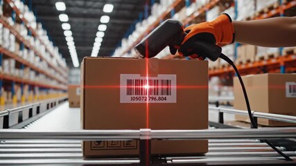 Hand scanning package barcode on conveyor belt in warehouse