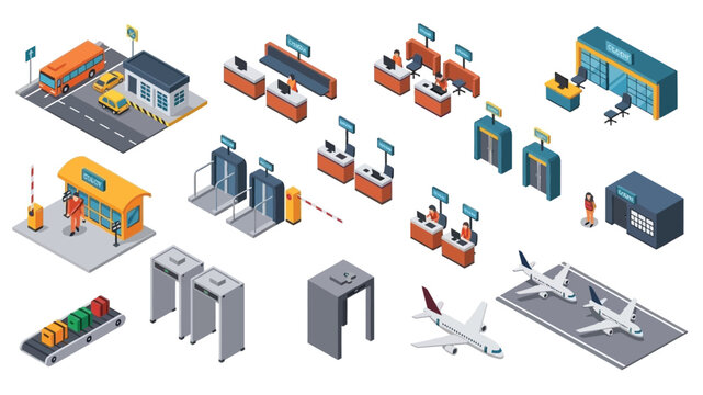 Isometric illustration of a busy airport terminal and surrounding infrastructure