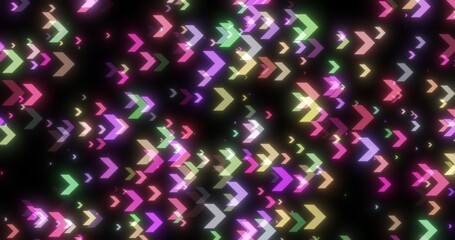 Abstract colorful arrow shapes glowing on a dark background, forming a dynamic digital pattern