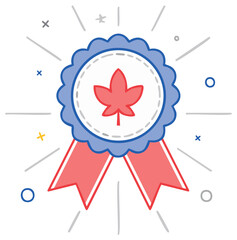 Red maple leaf award badge with patriotic colors and ribbons