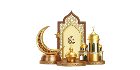 Gold Islamic crescent moon star mosque architecture isolated on a transparent background