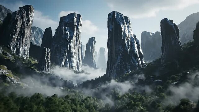 Towering monolithic forms of polished stone emerge from a misty, forested mountain valley under a cloudy sky.