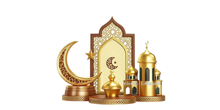 Gold Islamic crescent moon star mosque architecture isolated on a transparent background - Powered by Adobe