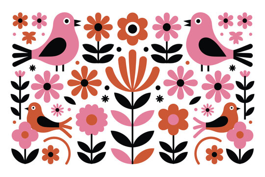 Whimsical folk art pattern with cheerful birds and blooming flowers