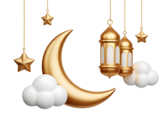 Golden crescent moon with lanterns and stars on white clouds isolated on a transparent background