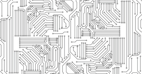 Circuit Board Technology Copy Space Vector Background. Grayscale Abstract Scifi PCB Trace Data Transfer Design Illustration.