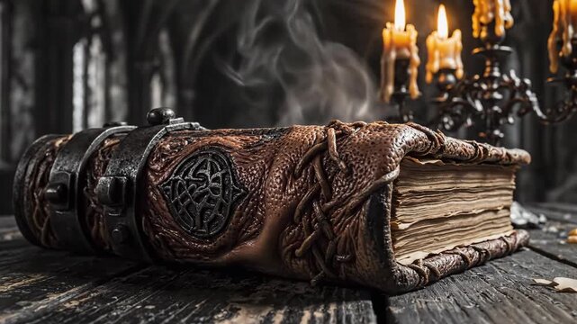 An old, leather-bound book with a pentagram on a wooden table, lit by candles.
