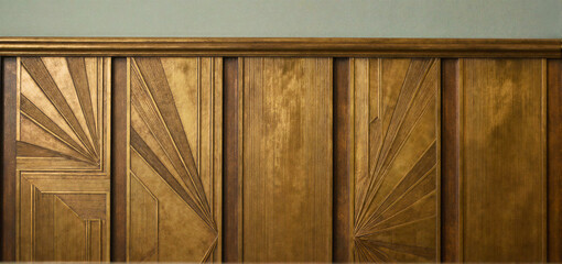 Close-up of wooden wall paneling with Art Deco geometric patterns and a warm brown finish.