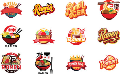 Naklejka premium Ramen Logo Collection with Japanese Noodle Bowl Illustrations, Asian Street Food Branding Design, Fast Food Ramen Labels, Vintage and Modern Ramen Restaurant Logos for Menu, Packaging, Food 