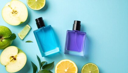 Overhead shot of two colorful perfume bottles beside sliced fruit, leaves on blue background