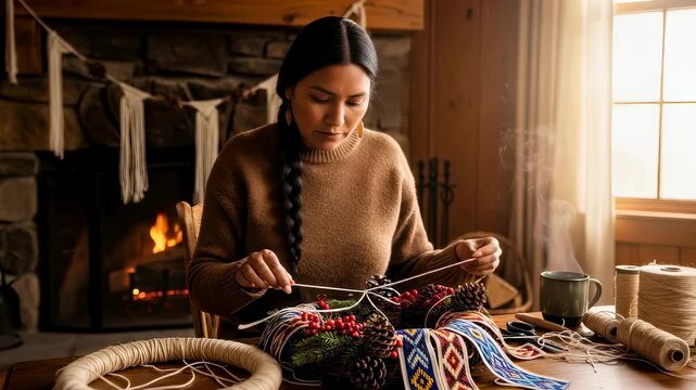 A woman creating a rustic holiday wreath for Christmas decor at a cozy fireplace, crafting festive decorations and new year gifts
