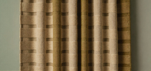 Close-up of textured woven curtain with beige and olive green vertical stripes against a neutral wall.