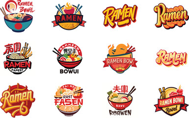 Naklejka premium Ramen Logo Collection with Japanese Noodle Bowl Illustrations, Asian Street Food Branding Design, Fast Food Ramen Labels, Vintage and Modern Ramen Restaurant Logos for Menu, Packaging, Food 