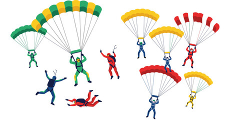 Skydivers and parachutists collection featuring characters jumping from planes and gliding with colorful parachutes for extreme sports and outdoor adventure vector design. © MstBobita