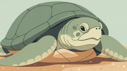 Sea Turtle Resting on Sandy Beach Flat Vector Illustration