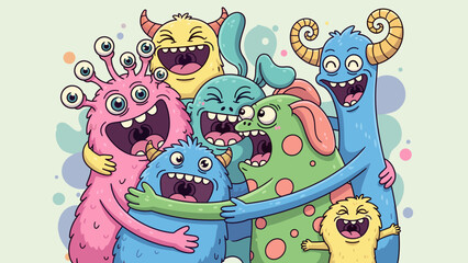 Naklejka premium Cheerful monsters in a group hug cartoon illustration for fun concepts