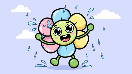 Obraz premium Cheerful flower character enjoying rain with happy expression on light background