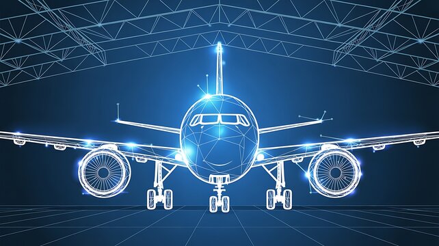 Airplane Wireframe Blueprint in Hangar - Aviation Engineering and Future Aircraft Design - Powered by Adobe