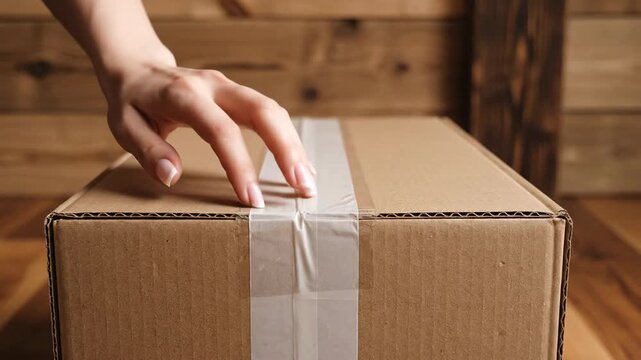 Hand touches sealed cardboard box with clear tape on wooden background