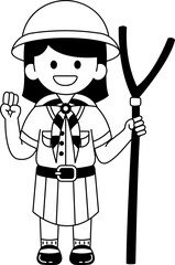Black and white illustrations of short hair girl wearing a thai girl scouts uniform