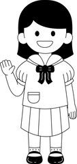 Black and white illustrations of short hair girl in a Thai school uniform is waving