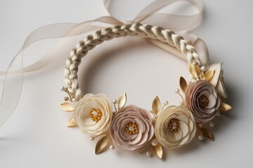 Braided fabric flower headband with pearls and ribbons on white background