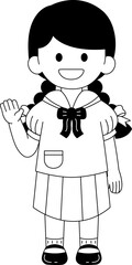 Black and white illustrations of long hair girl in a Thai school uniform is waving