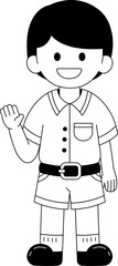 Black and white illustrations of a boy in a Thai school uniform is waving