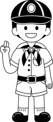 Black and white illustrations of a boy wearing  a thai scout hat and scarf