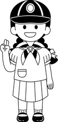 Black and white illustrations of A girl wearing a thai scout hat and scarf