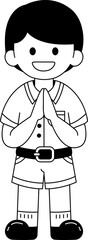 Black and white illustrations of A boy in a Thai school uniform is greeting