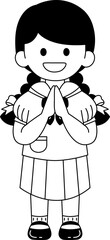 Black and white illustrations of long hair girl in a Thai school uniform is greeting