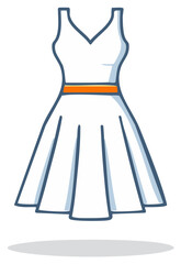Simple cartoon of a white sleeveless dress with an orange belt and a flared skirt