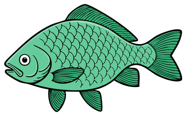 Stylized green freshwater fish illustration with detailed scales and fins