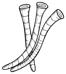 Black and white cartoon illustration of strange segmented tentacles or worms