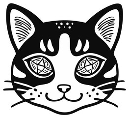 Stylized Black and White Cat Face with Geometric Diamond Eyes and Whiskers