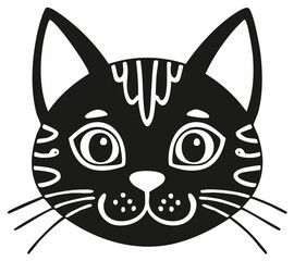 Stylized black cat face illustration with large eyes and whiskers, pet animal cartoon character drawing on white background