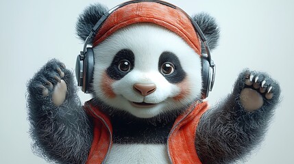 Panda bear wearing headphones and red hat