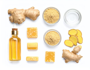 Holistic beauty flat lay showing ginger essential oil, fresh roots, and powder on a white backdrop. Ideal for organic wellness, herbal medicine, and clean skincare marketing campaigns.