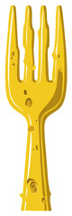 A stylized yellow fork shape resembling a piece of cheese with holes and texture