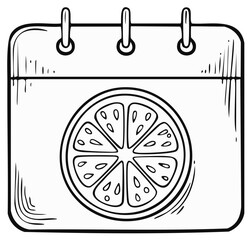 Stylized calendar page with a fresh citrus fruit slice illustration