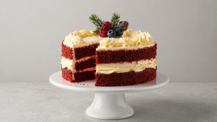 Red Velvet Cake with Cream Cheese Frosting and Berries on Cake Stand, Festive Dessert, Celebration and Holiday Concept
