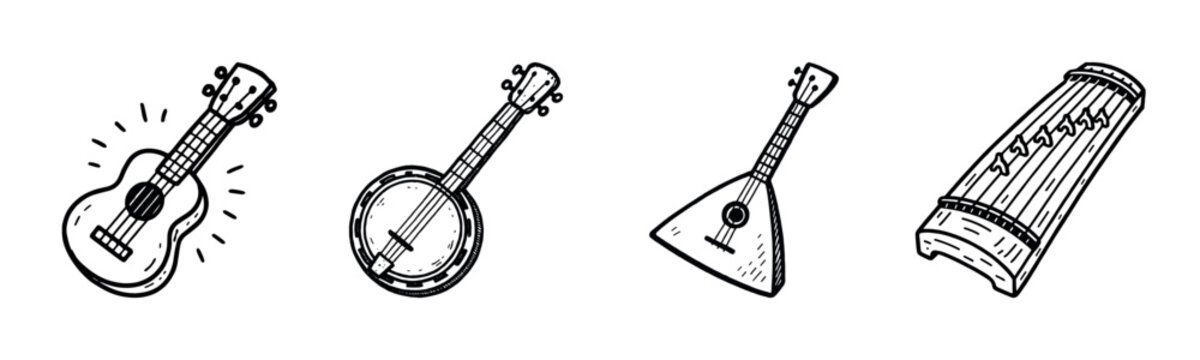 Set of string instruments: guitar, banjo, balalaika, and gusli in black and white