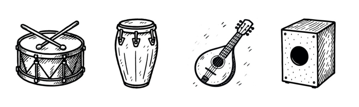 Hand-drawn musical instruments: drum, conga, mandolin, cajon sketches