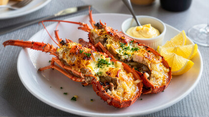Grilled Lobster with Butter and Lemon on Plate, Festive Seafood Dinner, Luxury Cuisine and New Year Celebration Concept
