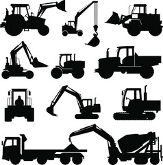 Construction equipment silhouette collection, heavy machinery vector shapes, excavators, loaders, cranes, bulldozers, trucks, industrial vehicles, construction site tools, equipment clipart © Creative Rejia