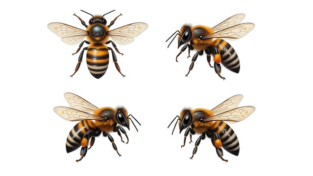 Collection of honey bees flying in different directions isolated on transparent background
