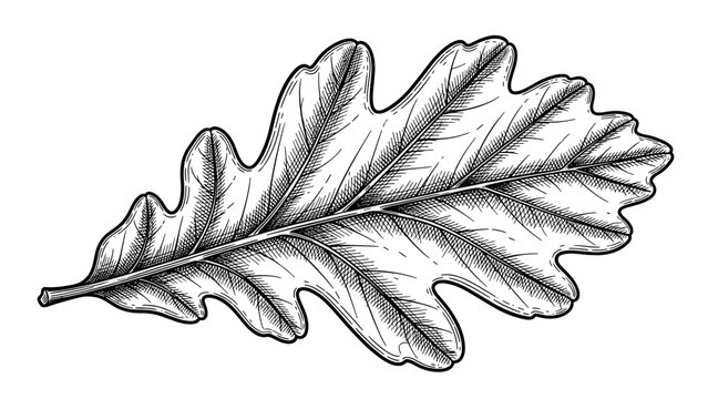 Detailed black and white illustration of an oak leaf on a white background