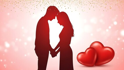 Romantic silhouette of loving couple with hearts